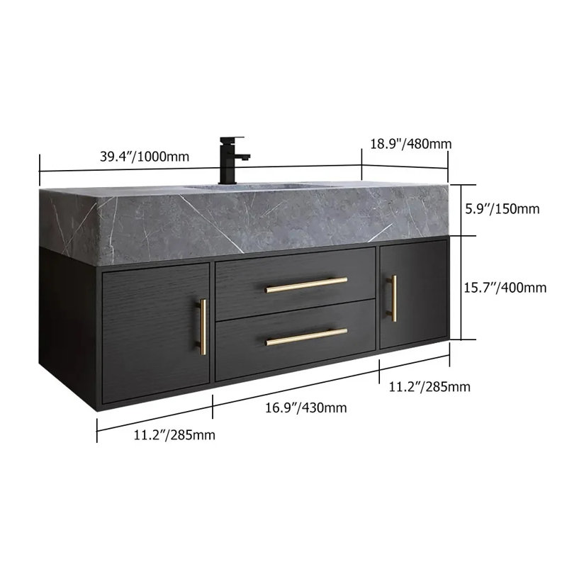 Ensemble de meuble-lavabo moderne en pierre frittée flottante noire avec lavabo 39,4 po Ivanbrook, Noir