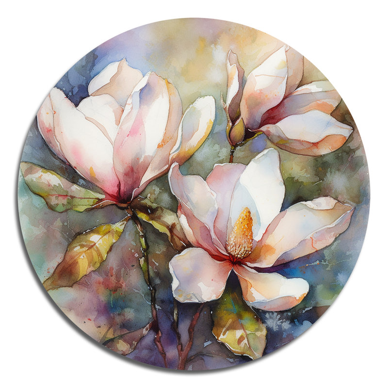 Pink Magnolia Symphony III - Floral Round Metal Art, H 23 po x l 23 po