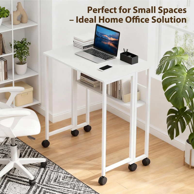 Table d'ordinateur portable 31,5 pouces avec roulettes pour petits espaces et tablette pour bureau à domicile, Blanc