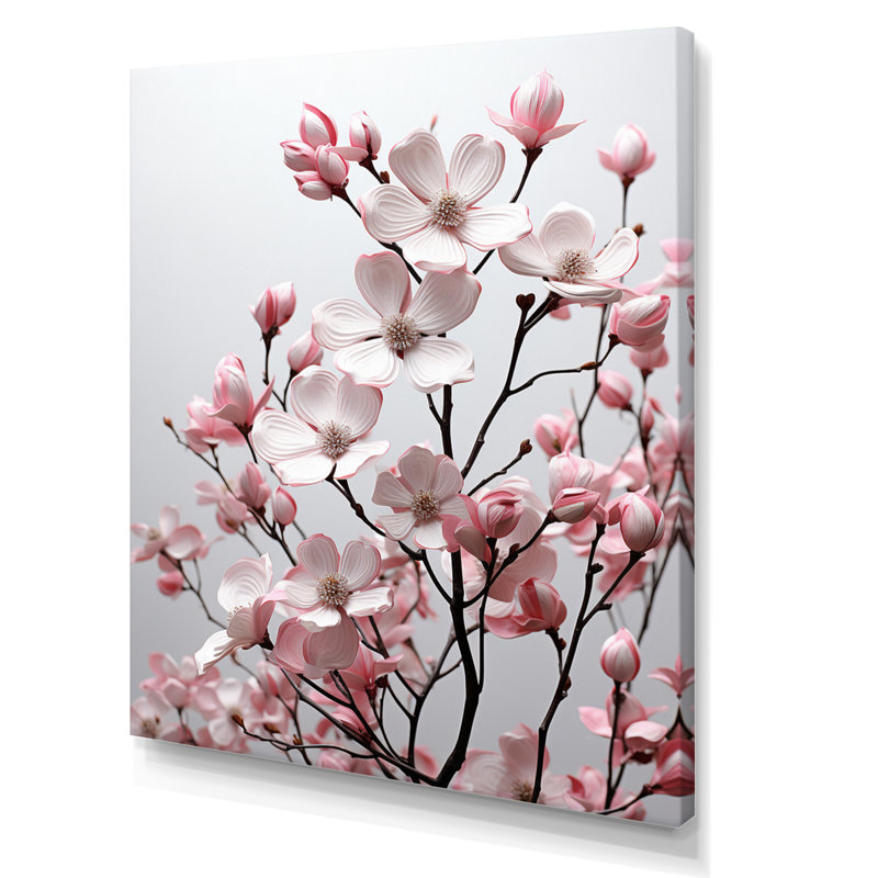 Champ photo rose et blanc cornouiller - décoration murale florale et botanique, H 20 po x l 12 po x P 1 po, Toile tendue