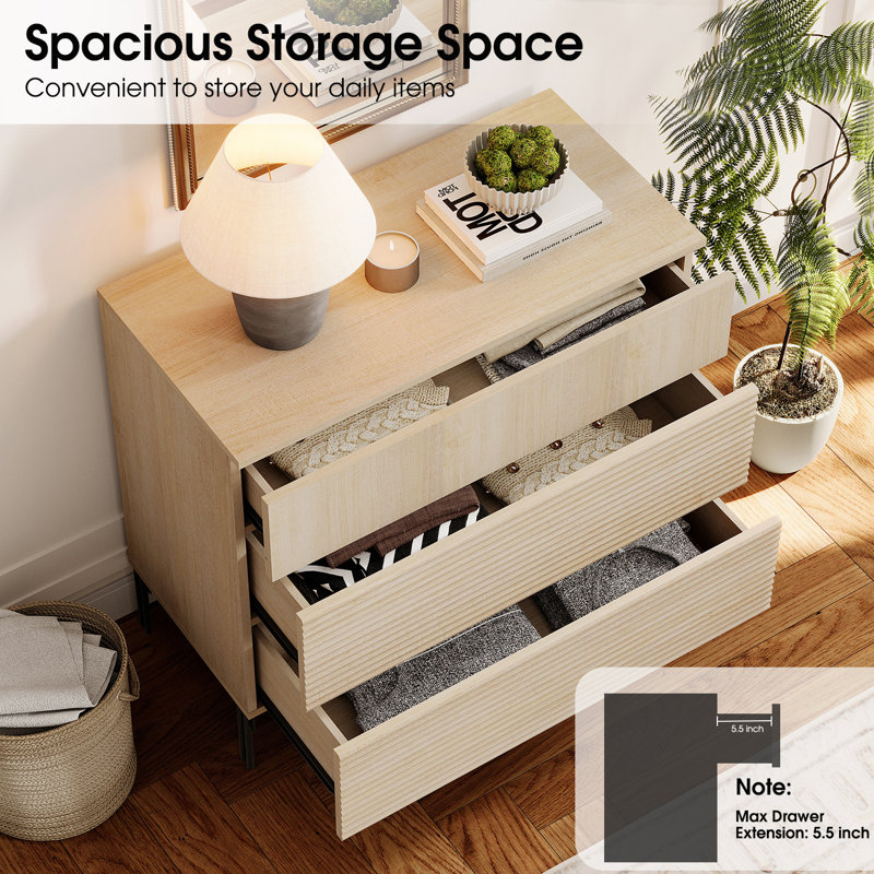 Union Rustic Modern Wood 3-Drawer Dresser With Reeded Design, Minimalist Dresser Organizer Storage For Bedroom,Living Room, Entryway