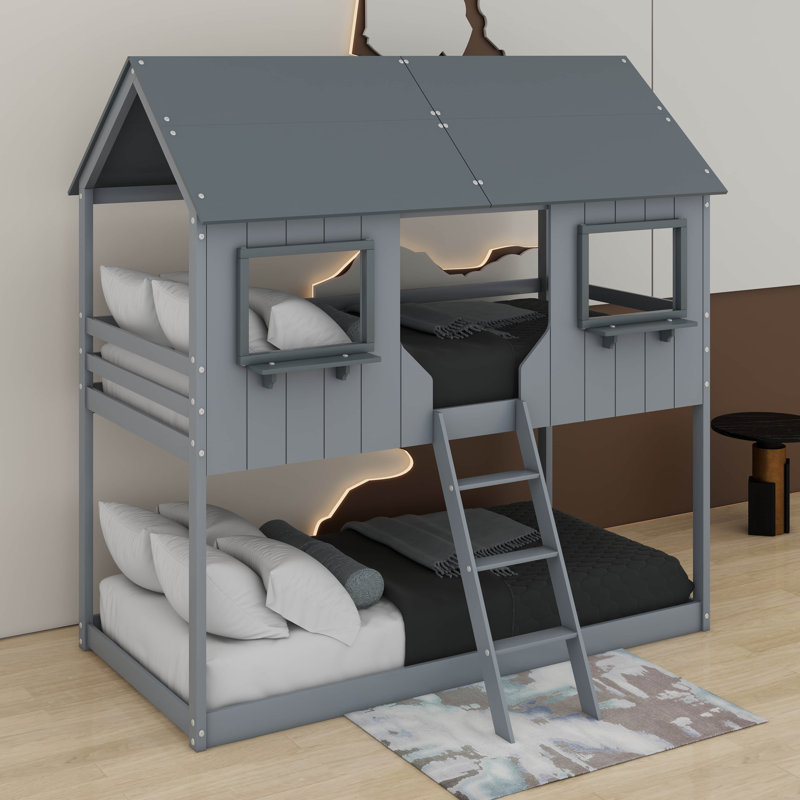 Lit superposé simple au-dessus d'un lit simple en bois, Gris