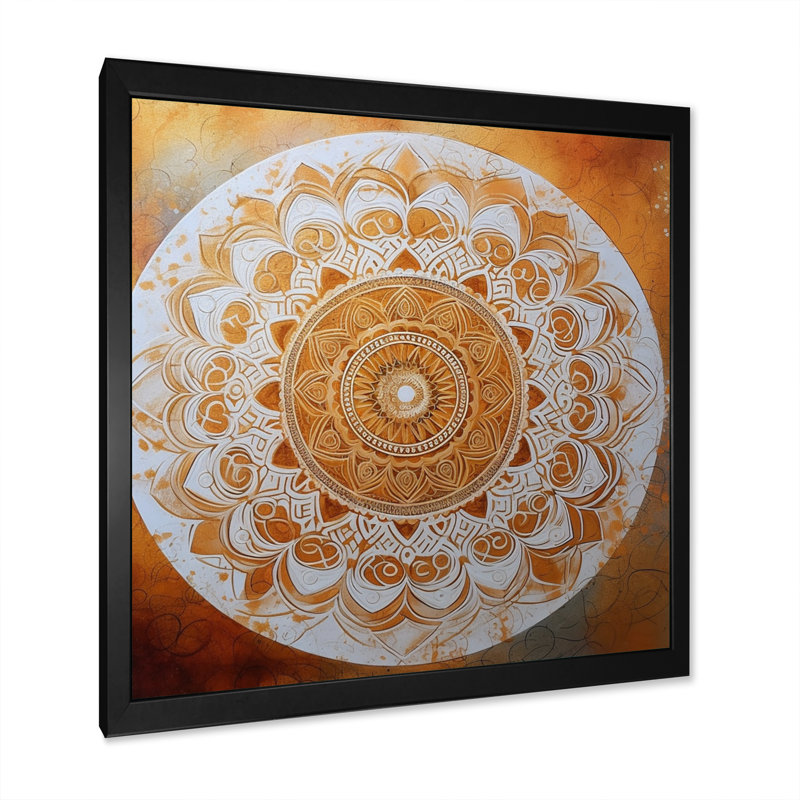 Mandala blanc et or IV sur toile, Cadre d'angle fermé noir, H 16 po x l 16 po x P 1 po