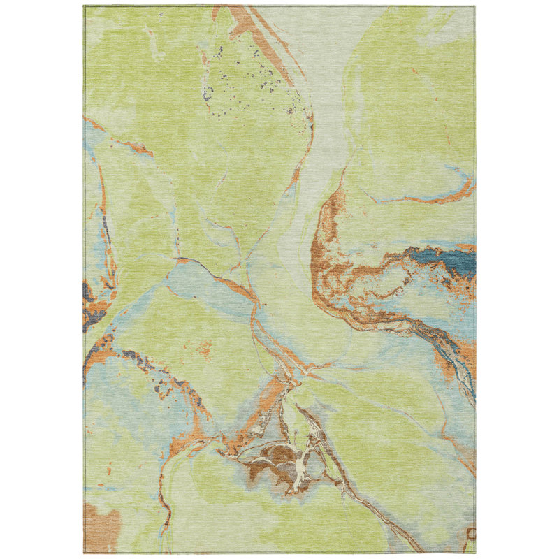 Aloe Green Abstract Washable Synthetic 3' x 5' Rug