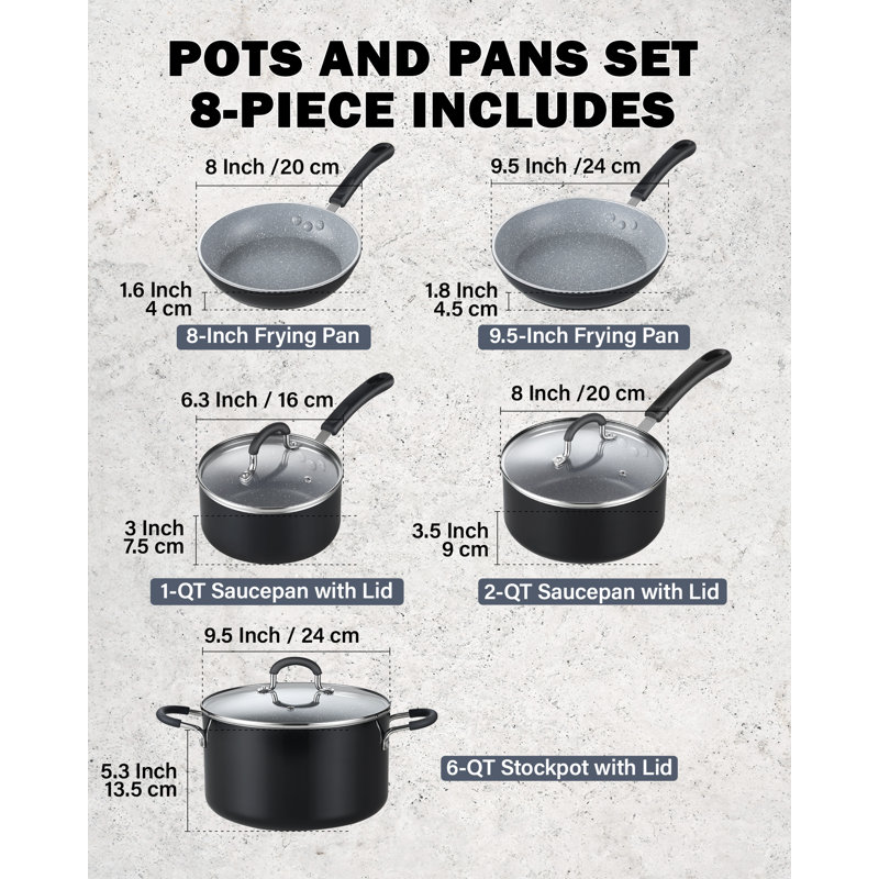 8-Piece Gray Nonstick Aluminum Cookware Set with Glass Lids