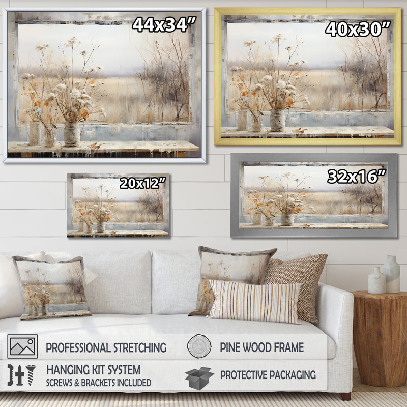«Winter Meadow View calmness III», art mural prairie pour le salon, Cadre d'angle fermé blanc, H 32 po x l 24 po x P 1 po