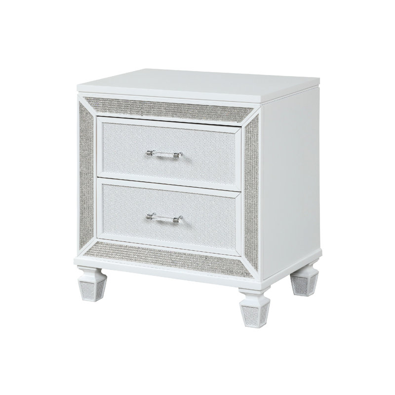 Table de chevet moderne en bois avec 2 tiroirs spacieux et glissière en métal blanche 2