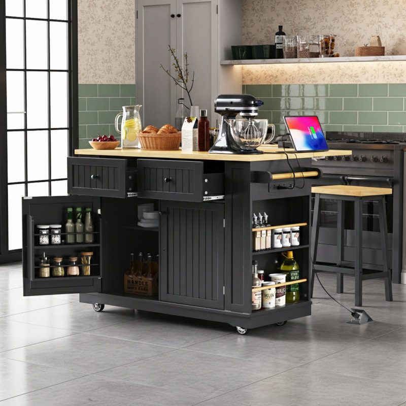 Porte avec rangement intérieur pour îlot de cuisine avec roulettes et prise de courant, Noir