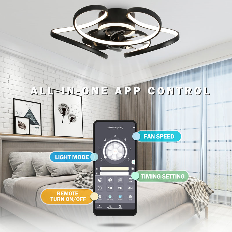 22" Black Modern Flush Mount Low Profile Ceiling Fan with Light and Smart APP Control