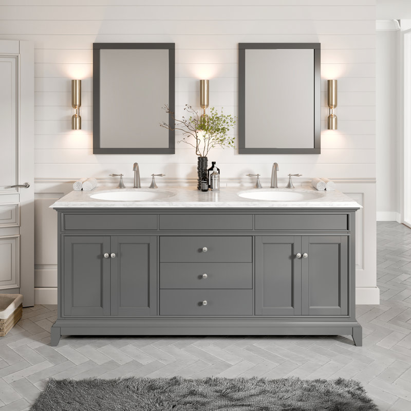 Gray Marble Double Sink Freestanding Bathroom Vanity