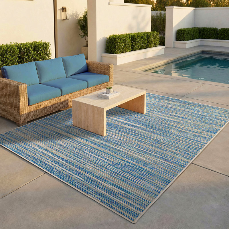 Victorine Striped Sand Azure Turquoise Indoor Outdoor Area Rug, Rectangle 8'6" x 13'