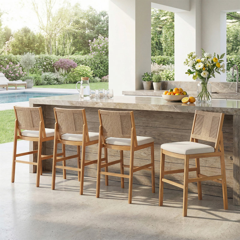 4 pièces Tabouret de bar d'extérieur naturel en bois d'acacia massif et osier tissé, Crème, brun clair