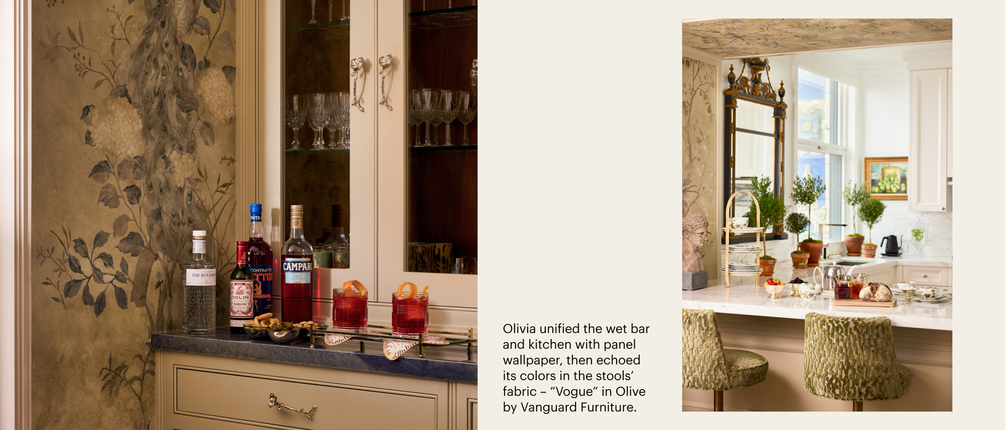Wet bar and kitchen unified with panel wallpaper.