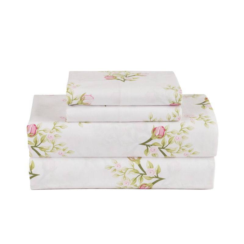 100% Cotton Percale Floral Sheet Set, Twin Sheet Set + 1 Fitted Sheet + 1 Pillowcase