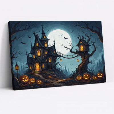 «Haunted House and Treehouse with Pumpkins Under Halloween», art mural sur toile
