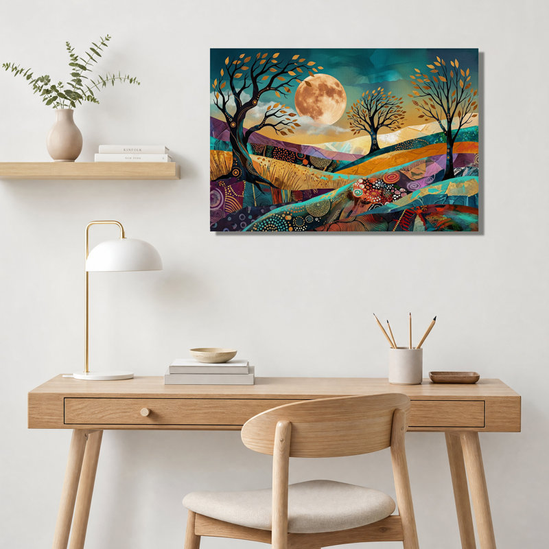 Tableau sur toile représentant des arbres abstraits et la pleine lune sur des collines à motifs, H 12 po x l 18 po