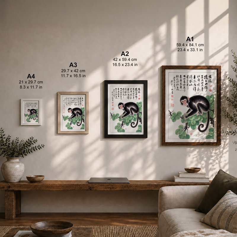 Monkey Among Calligraphy Japandi - Framed Print, A1 - 84.1 x 59.4 cm, White