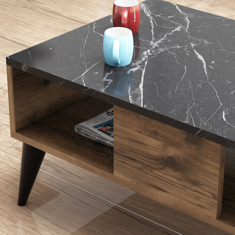 Table basse moderne avec finition noyer et marbre, 35,4 po x 15,6 po x 21,5 po | 100% panneau de particules enduit de mélamine, épaisseur: 0,7 pouce | Conception élégante avec hauteur de tablette pratique de 6,7 pouces, parfaite pour la décoration du salon