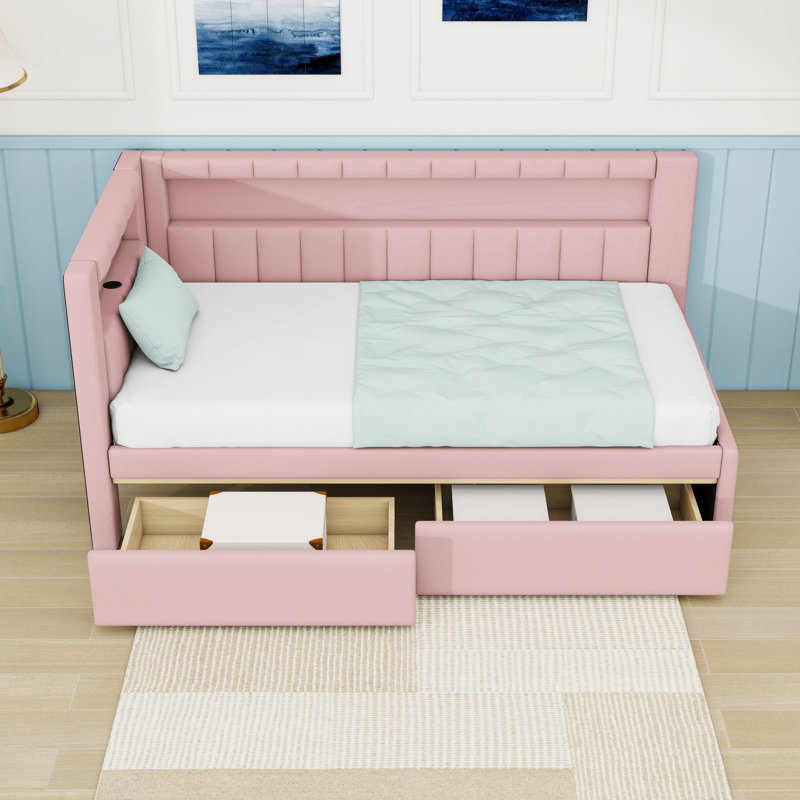 Lit de jour simple rembourré avec ports USB et éclairage DEL, Rose