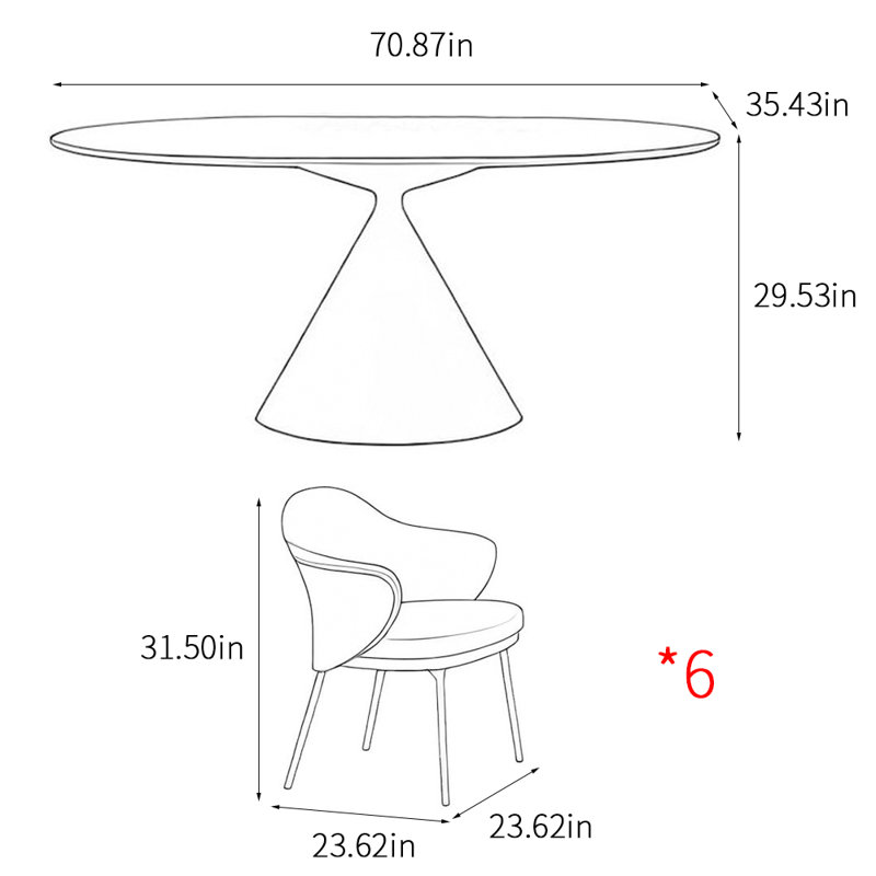 Ensembles de tables de salle à manger ovales de style italien, H 29,53 po x L 70,87 po x l 35,43 po