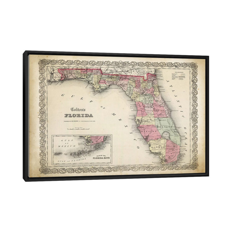 «Florida Map, 1863», impression sur toile, H 18 po x l 26 po x P 1,5 po, Toile avec cadre noir, Pas de tapis