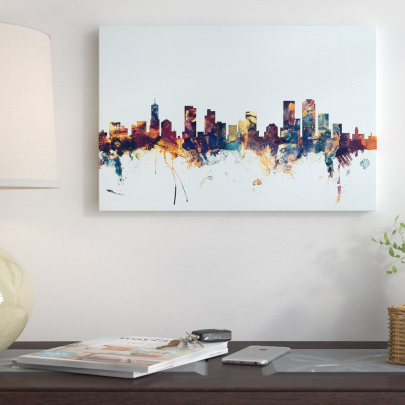 «Denver, Colorado, USA on Blue» par Michael Tompsett - reproduction d'art sur toile, H 18 po x l 26 po x P 1,5 po