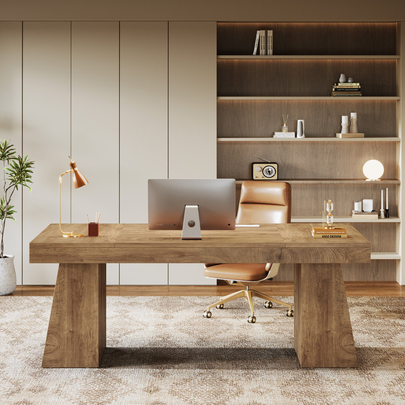 55" Modern Executive Desk, Wooden Office Computer Desk Conference Table with Double Pedestal for Home Office, Light Brown