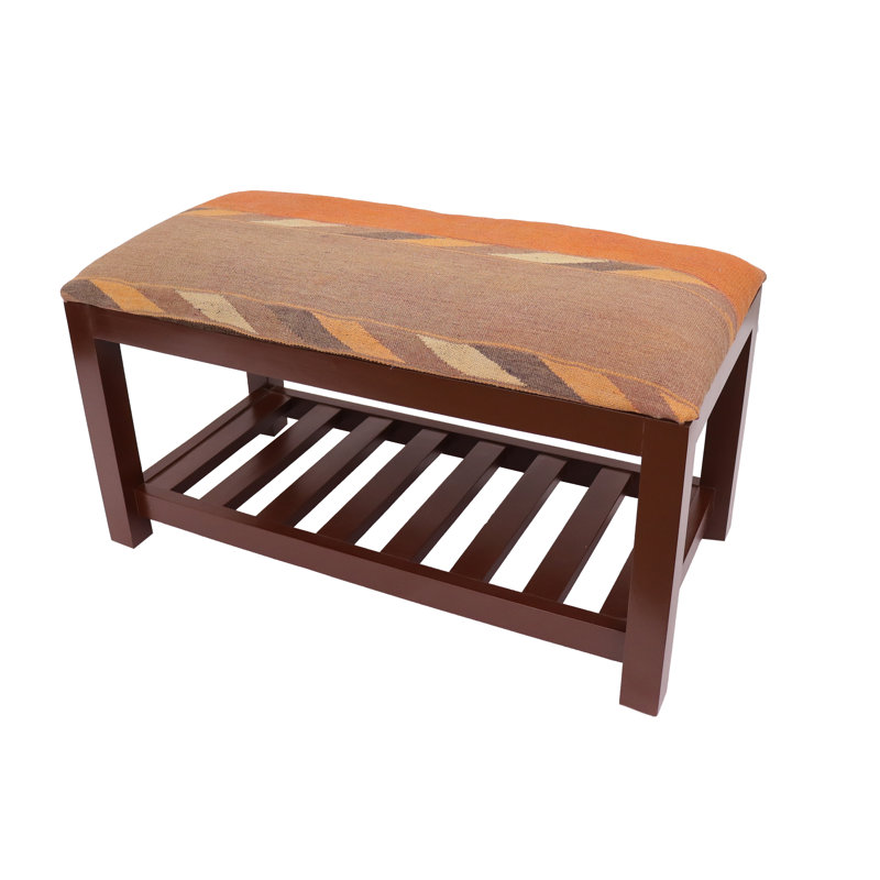 Banc de rangement rembourré avec tablettes, H 21 po x l 36 po x P 18 po, Rouille / mauve / beige géométrique