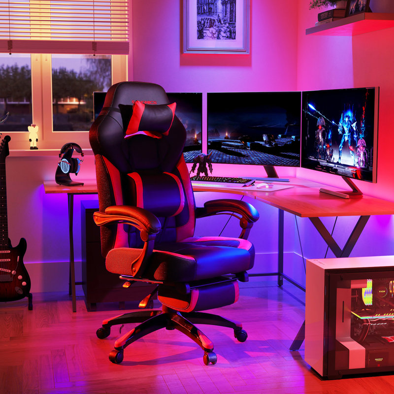 Songmics Adjustable Headrest and Reclining PC & Racing Game Chair in Black, Black/Red