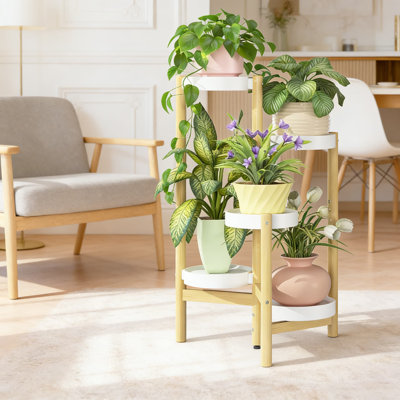 5-Tier Bamboo Plant Stand With Plastic Trays, Space-Saving Corner Shelf For Indoor Outdoor Use, Tiered Flower Holder Display Rack For Patio, Balcony, Living Room, And Garden
