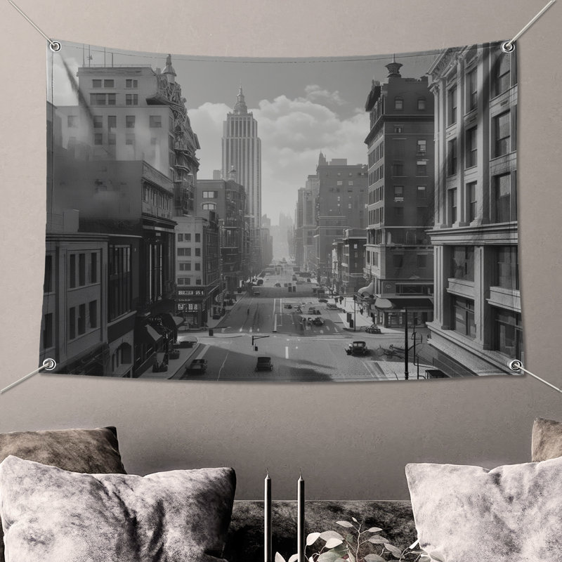 Tapisserie murale rétro «Cityscape Street» - décoration murale paysage urbain, 68 po H x 80 po L avec 4 œillets
