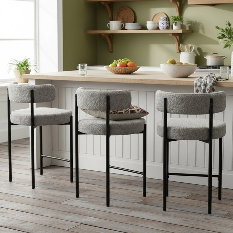 Najira Upholstered Counter Stool with Metal Frame, Black, Grey Polyester, 3