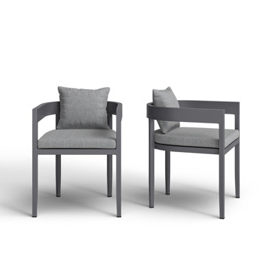 Ceion Modern Outdoor Patio Dining Chairs with Arms in Aluminum with Gray Fabric Cushions by Joss & Main