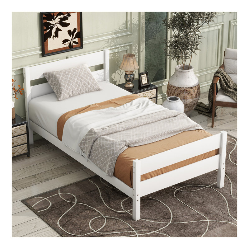 Lit simple avec tête et pied de lit, lit en bois d'hévéa, blanc