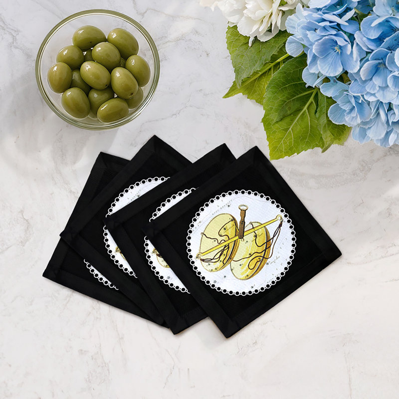 Zodiac Libra Cotton Sateen Cocktail Napkins, Black