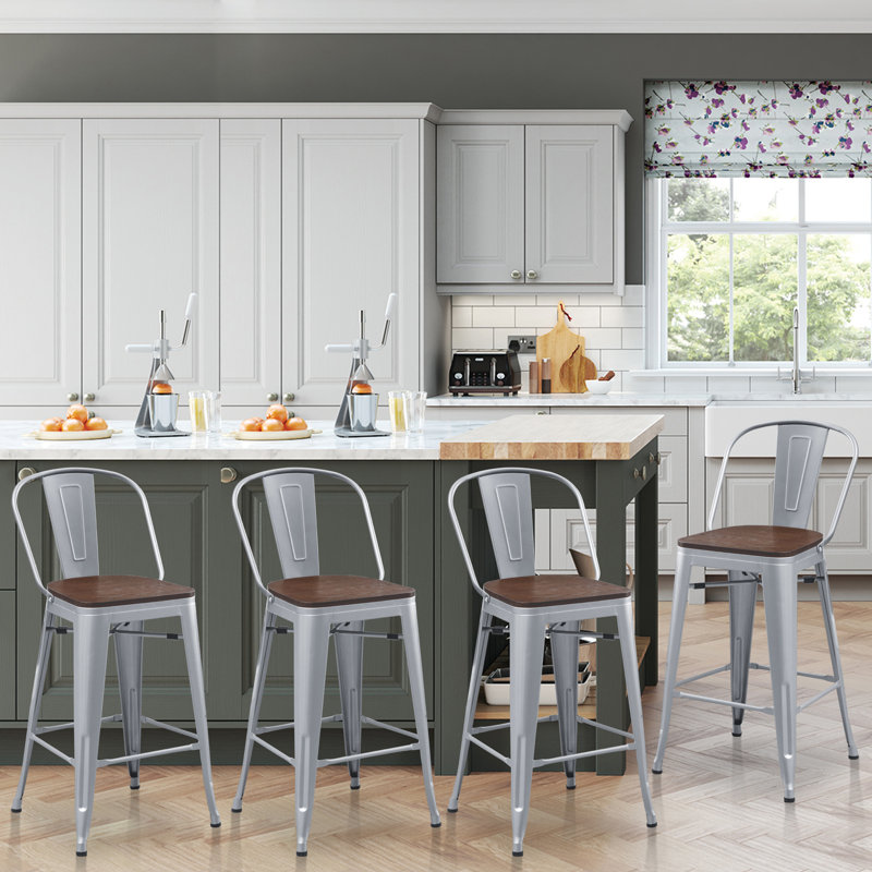 Rosenberry Counter Stool with Metal Frame, Bar Stool (30" Seat Height), Silver