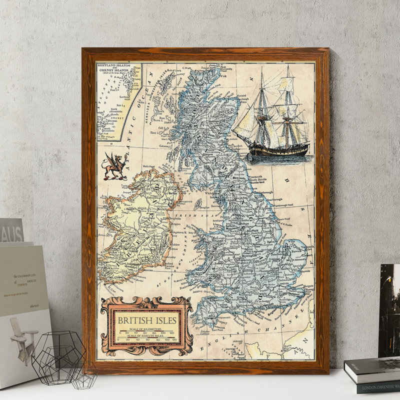 «British Isles Map» par Paul Cezanne - reproduction d'art encadrée, Toile avec cadre érable, H 28 po x l 38 po x 1,25 po