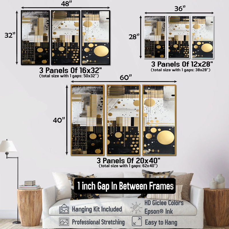 Ensemble d'art mural Essential Moon in Gold - Collages abstraits, Cadre flottant noir, H 40 po x l 60 po x P 1 po