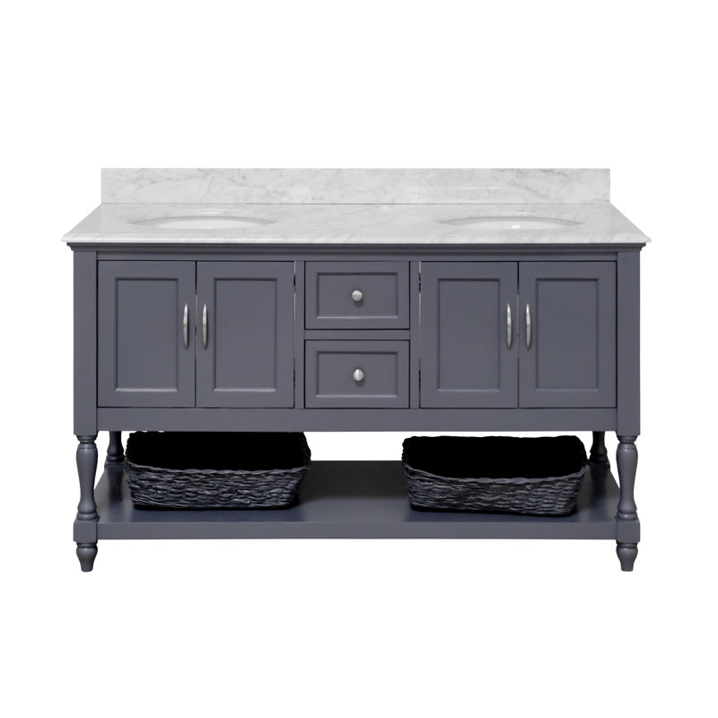 Hampton 60'' Double Bathroom Vanity with Top, Marine Grey, Carrara Marble