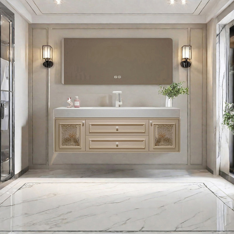 French cream style smart bathroom cabinet, Light Brown, 19.68" H x 66.92" W x 21.65" D