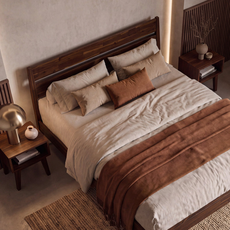 Callisto 2-Piece Queen size Solid Wood Bedroom Set with Platform Bed and Nightstand, Walnut Finish, Walnut, Queen