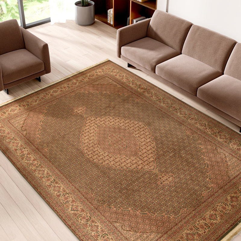 Tapis vert clair et crème noué à la main de haute qualité