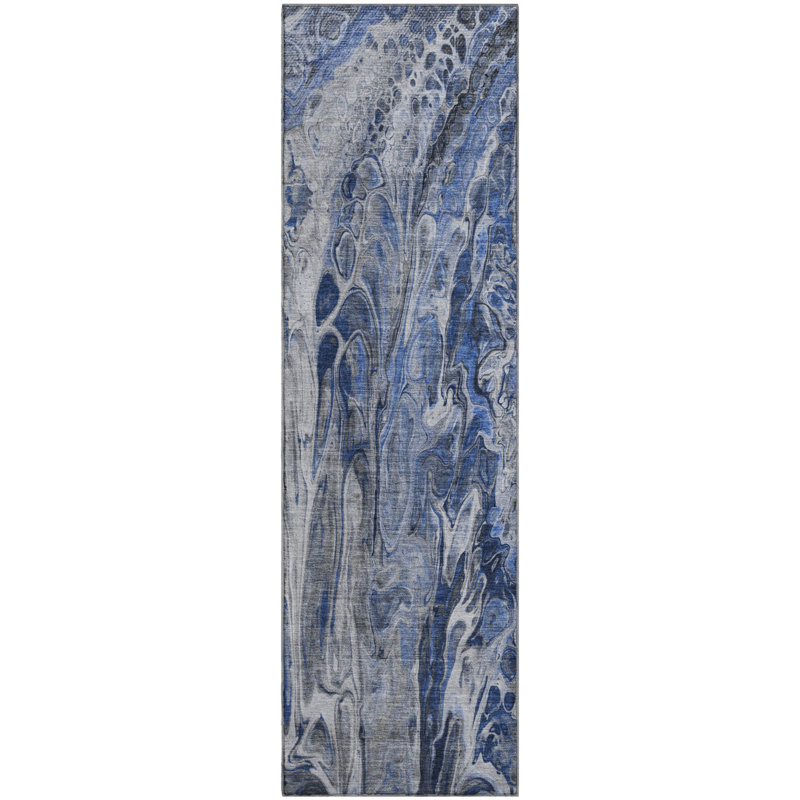 Premium Machine Washable Cerrito AMF602 Blue Round Rug, Runner 2'3" x 7'6"