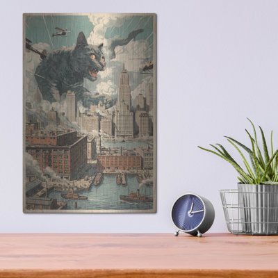  'Catzilla In New York' by Rich Monet Metal Wall Art, 12" x 16"