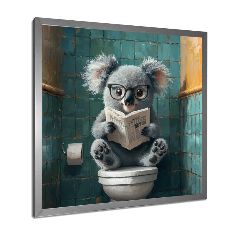 Keala Koala avec des lunettes dans la toilette II - koala, art mural pour le salon, H 30 po x l 30 po, Argent argent