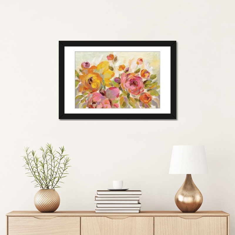 «Brushy Peony», reproduction d'aquarelle sur toile tendue, H 24 po x l 32 po x P 1 po, Papier d'art encadré noir, Blanc