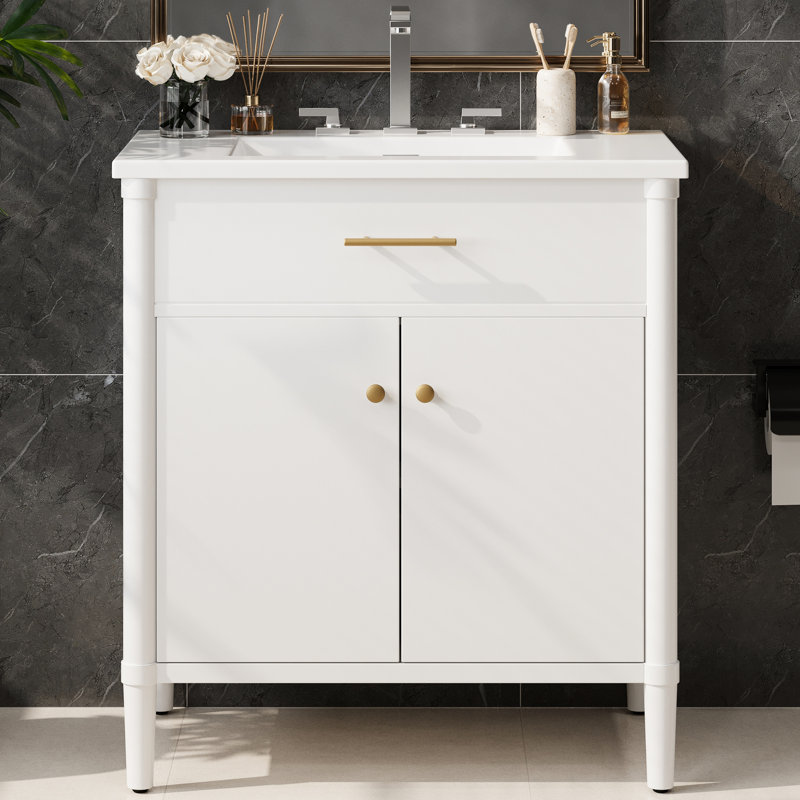 Meuble-lavabo blanc 31 po avec lavabo, charnières à fermeture en douceur, tablettes intérieures réglables, forme incurvée, pieds en bois d'hévéa, poignées dorées mates, élégant pour les salles de bain de style bord de mer en blanc, profil en céramique