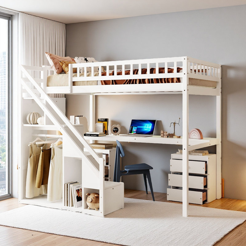 Loft Bed With Built-In Desk And Storage Staircase, Lit simple, Blanc