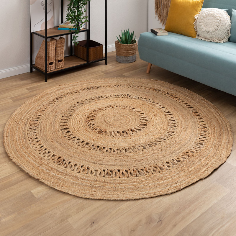 Round Alvertia Geometric Shapes Jute / Sisal Braided Area Rug, Round 150cm