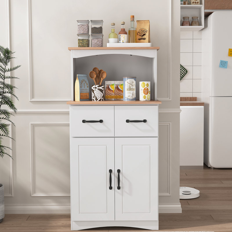 Armoire de rangement polyvalente à plusieurs niveaux avec tablettes réglables, tiroir central et section centrale ouverte pour organiser les cuisines modernes